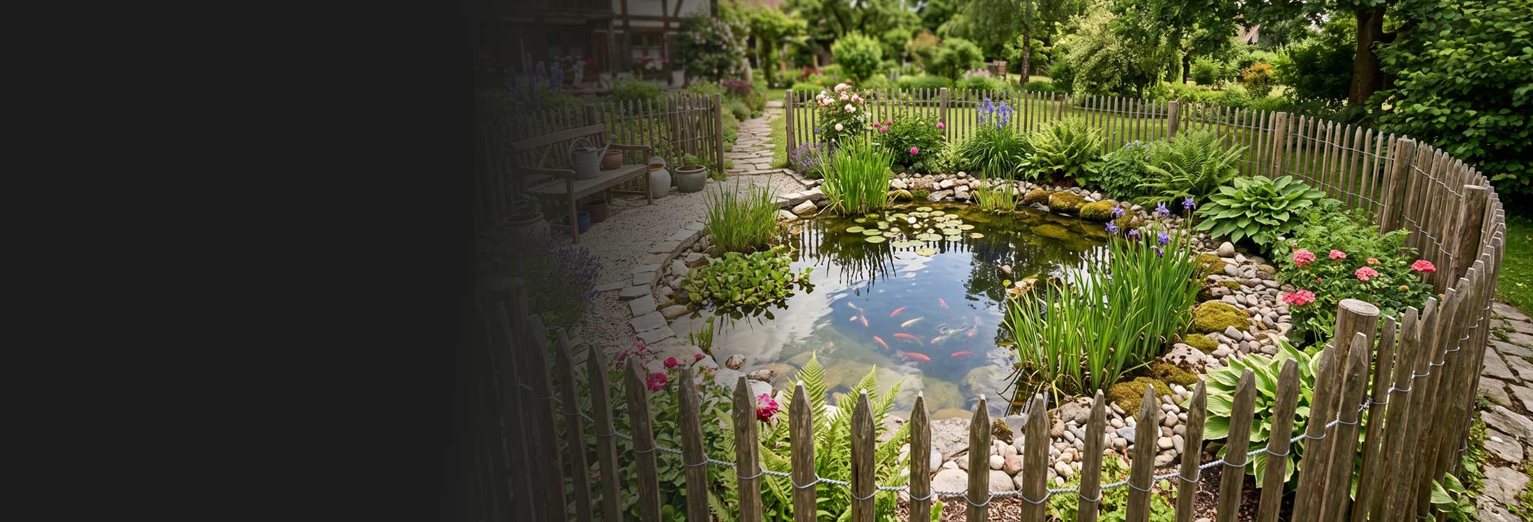 Holzzaun um Teich mit Blumen